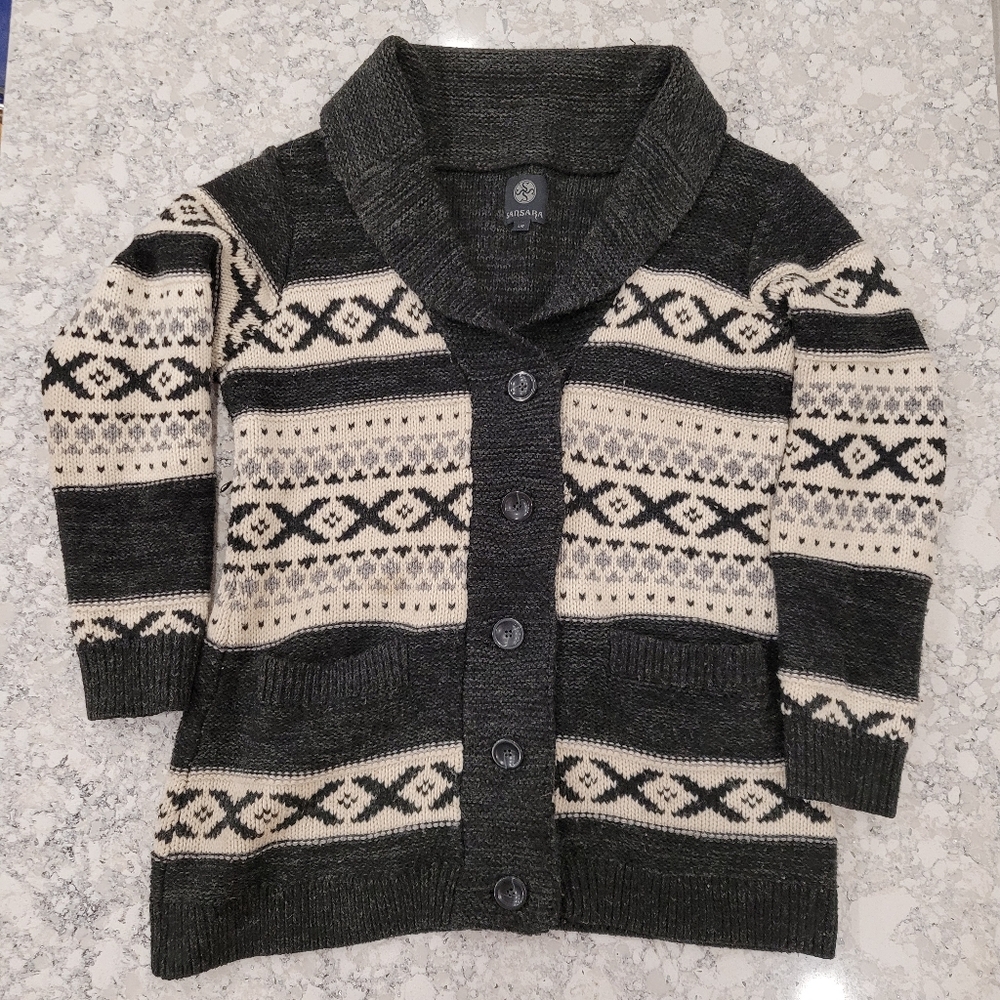 Sansara Wool Blend Cowichan Cardigan Large Black, White, Grey